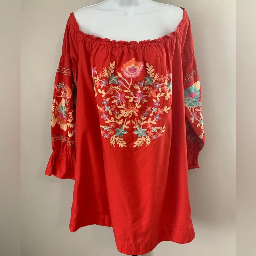 Free People Embroidered Off-Shoulder Red Peasant Tunic/Dress
